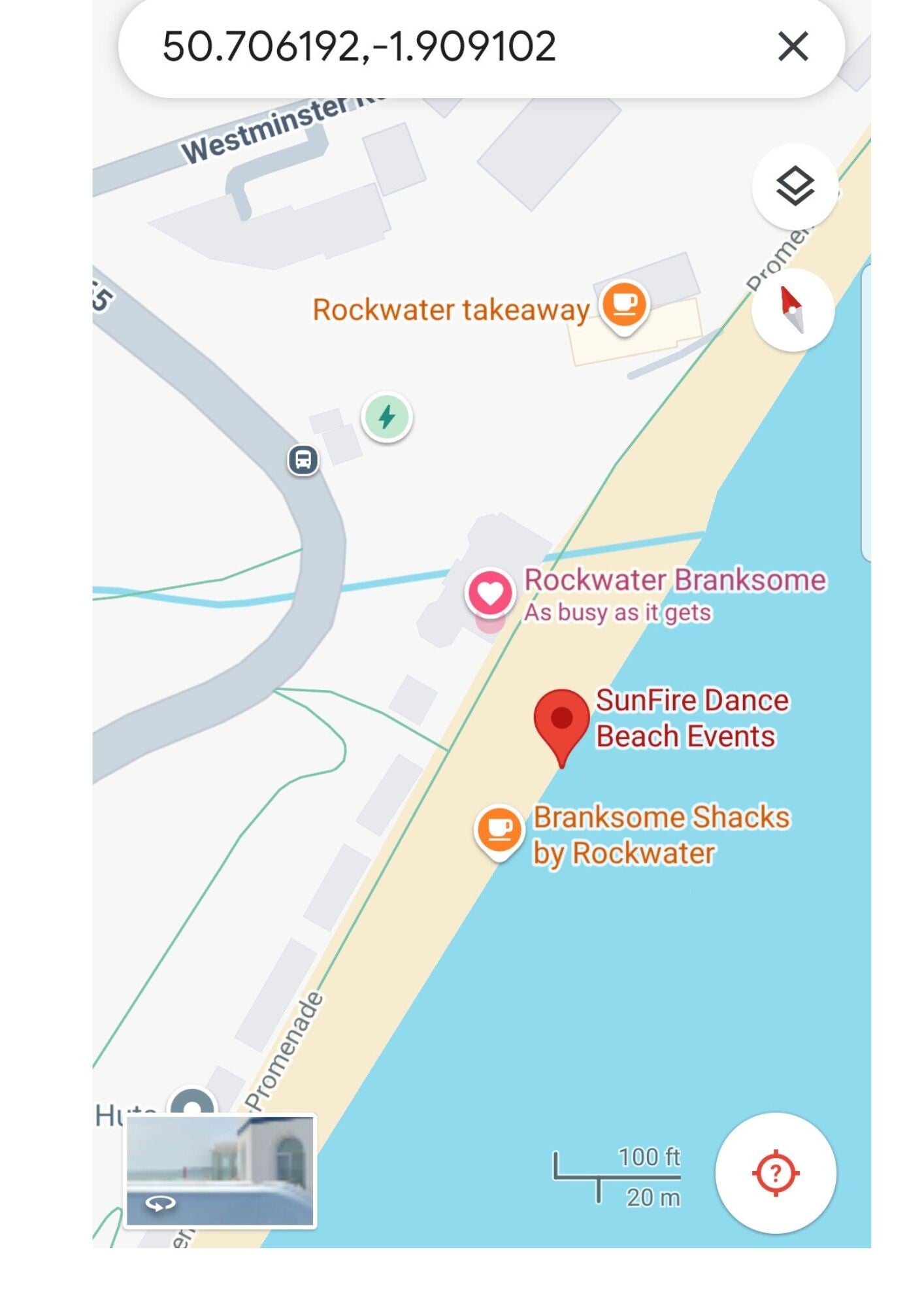 Map of Branksome Chine Beach Pinecliff Road Branksome Poole BH13 7QO showing where SunFire Dance hold their Beach events - in front of Rockwater Restaurant. 