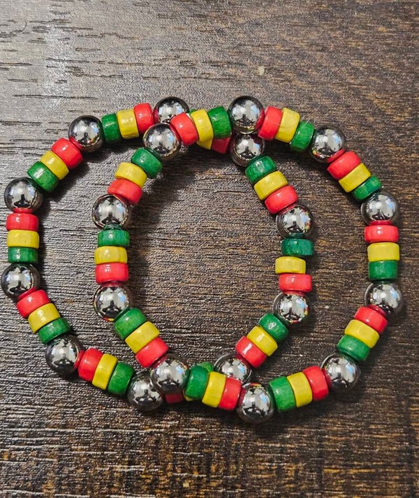 Rasta Red Yellow Hematite Beads on Stretch Elastic set of 2 Bracelet