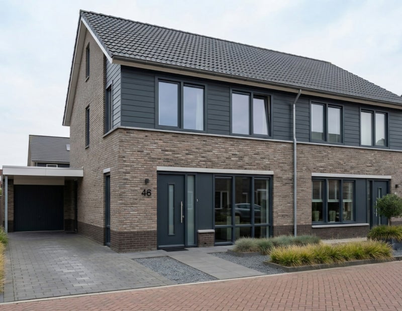 Woning met kunststof voordeur in antraciet naast een vast glasvlak