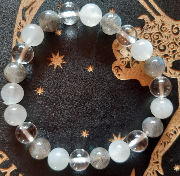 Bracelet Énergie spirituelle AA — Pierre de lune bleutée A, Labradorite A & cristal de roche