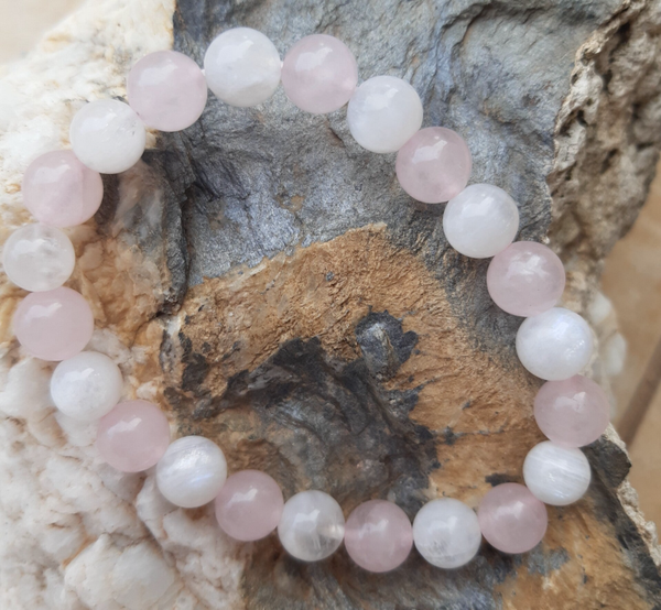 Bracelet épanouissement sentimentale AA — Quartz rose & pierre de lune bleutée A