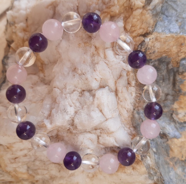 Bracelet Anti-stress & angoisse — Améthyste, Cristal de roche & Quartz Rose A+