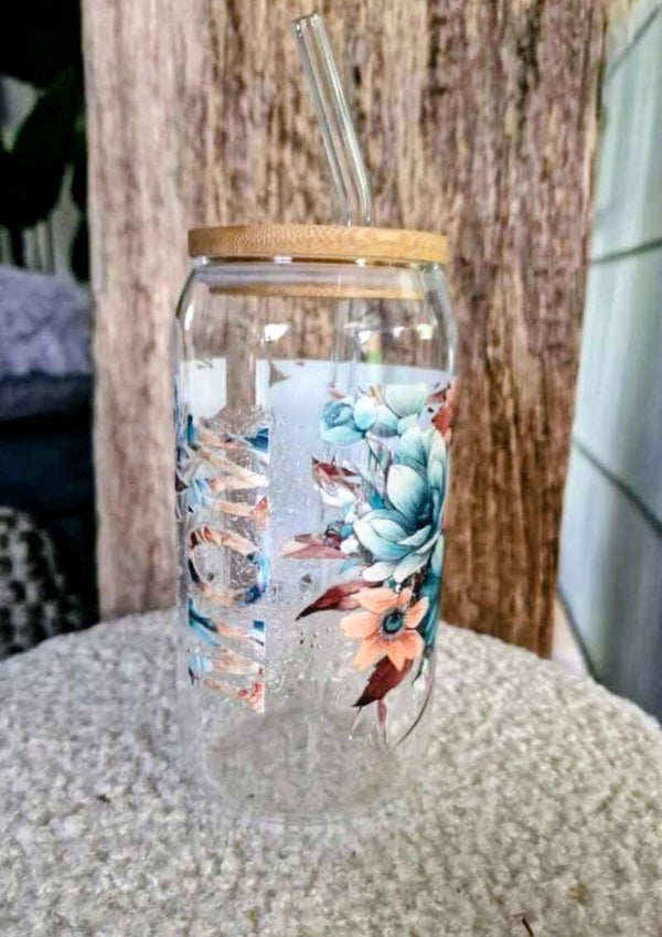 Glazen beker mom bloemen blauw