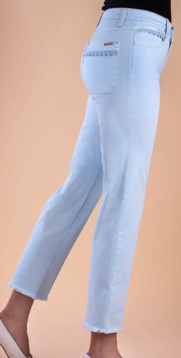 Jeans 7/8 bleu ciel avec franges