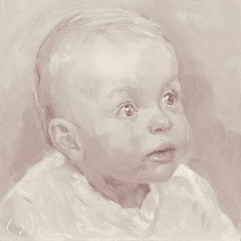 een portretje van een baby in olieverf in opdracht 