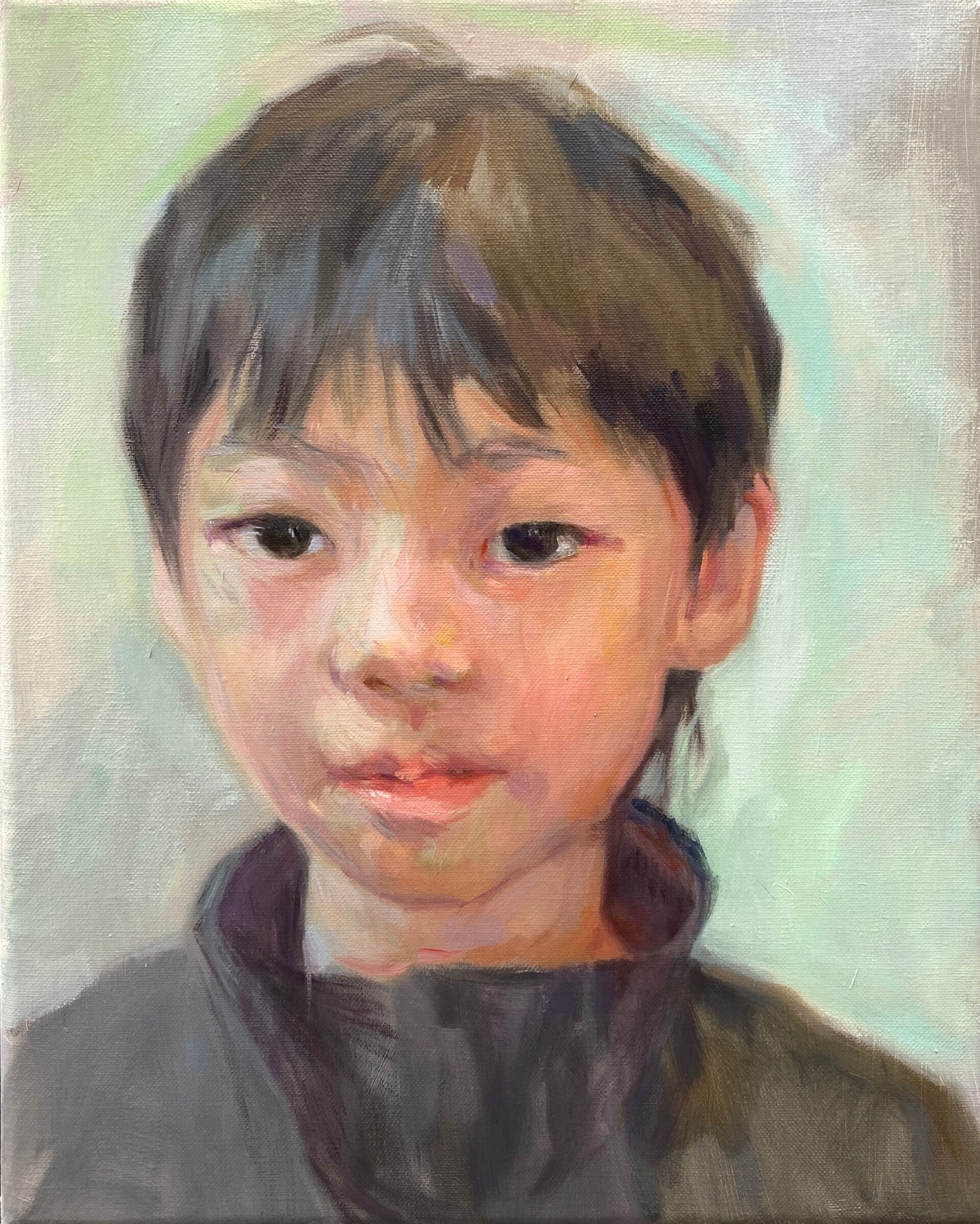 Een portretje in olieverf jongen van 8 jaar uit China geschilderd door Claar van Leent uit Deventer 