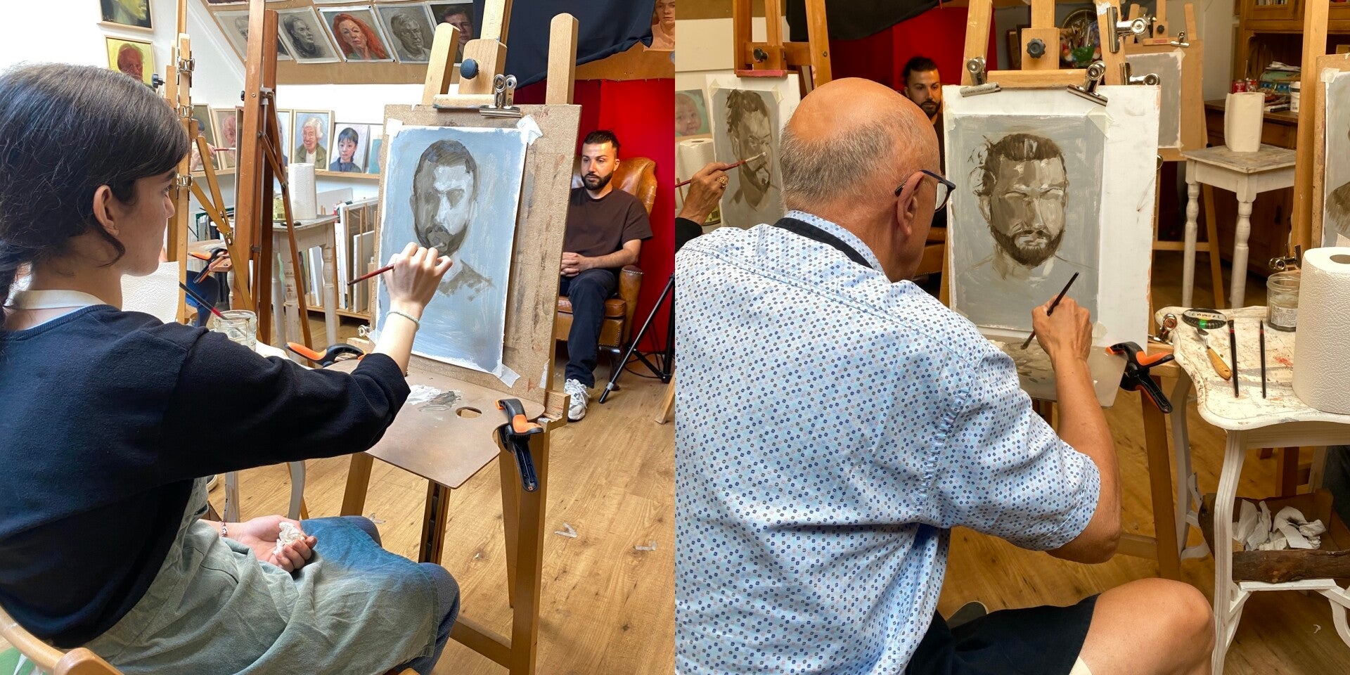 Hans schildert een portret naar levend model in het atelier van Claar van Leent in Deventer