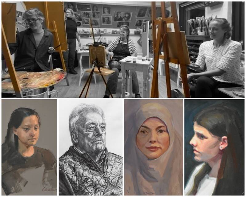 vier portretmeesters die een portret schilderen met de klassieke methode als uitgangspunt