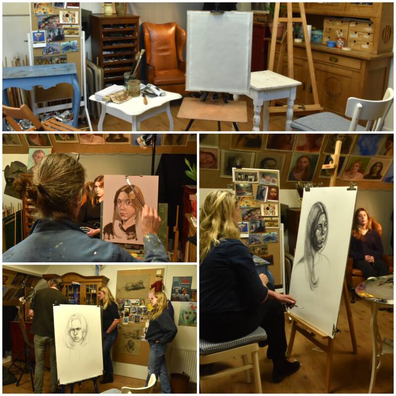 Claar van Leent is lid van het Deventer Portretatelier, in haar atelier in Diepenveen wordt er wekeklijks geschilderd naar model