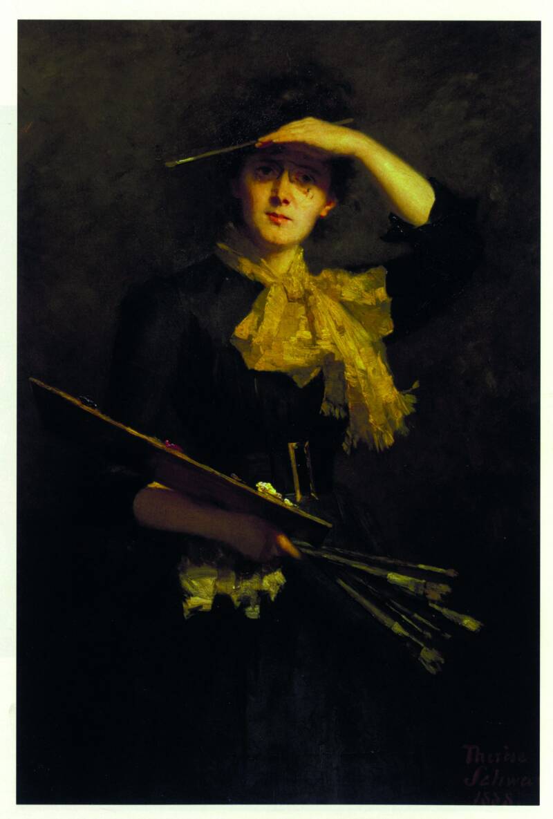 Therese-Schwartze-zelfportret-beperkt-palet-Bij-Atelier-Claar-van_Leent-een-vijfsdaagse-schikdercursus-portret-voor-beginners-en-halfgevorderden-voor-leergierige-cursisten-die-graag-de-opbouw-van-een-portret-goed-willen-begrijpen-Diepenveen-bij-Deventer 