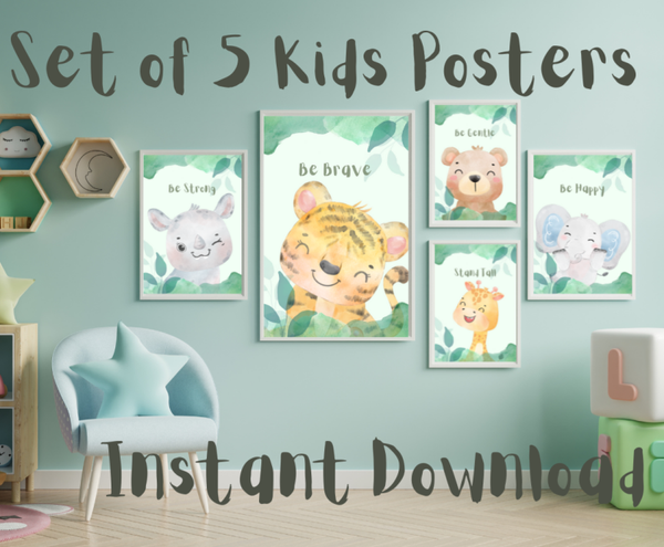 Kids Motivational Wild Animal Posters - Instant Download - Set of 5