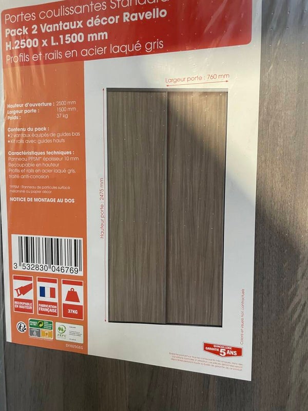 Portes de placard Decor Ravello bois acier gris laqué Ouverture 1500 Hauteur 2500