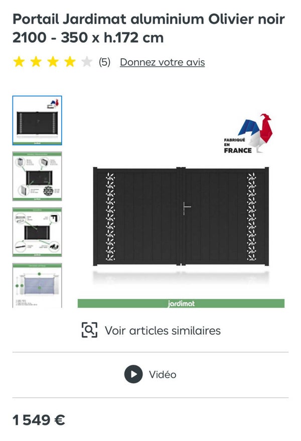 Portail Jardimat aluminium Olivier noir 2100 - 350 x h.172 cm