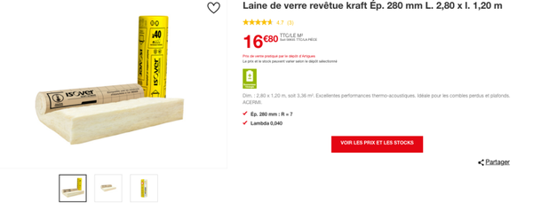 Laine de verre revêtue kraft Ép. 280 mm L. 2,80 x l. 1,20 m