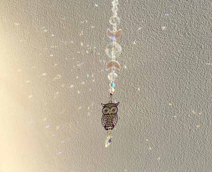 Owl Moon Phase Sparkly Rainbow Suncatcher Keepsake,  for window or wall and Made in Cornwall UK, Birthday or Mother's day Gift Idea