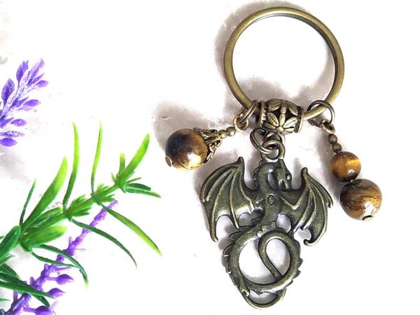 Beautiful Dragon & Tigers Eye  Keyring, unique Birthday or Mother's day Gift Idea keychain gift