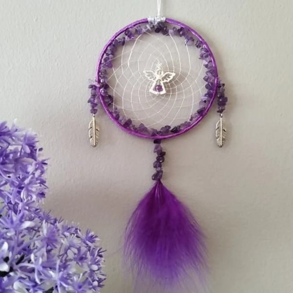 Amethyst Gemstone Guardian Angel Dreamcatcher, Purple Dream Catcher Gift