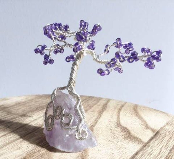 Small Amethyst Tree Suncatcher with purple blossom, Bonsai Wire Sculpture, Mother's day Gift