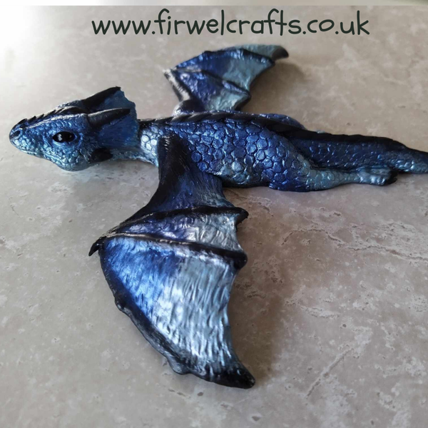 X Blues & Black Drake the Baby Flying Dragon wall decoration, Birthday gift for dragon collector.