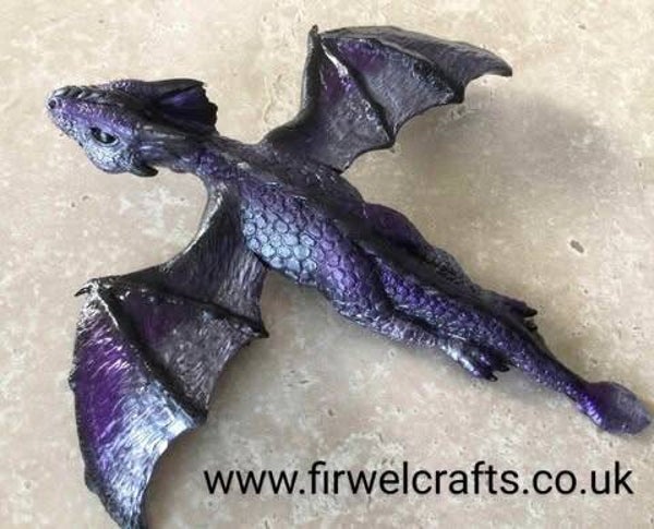 x Purple Lilac & Black Drake the Baby Flying Dragon wall decoration, Birthday gift for dragon collector.