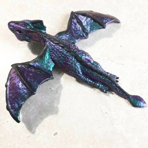 **COLOUR CHANGE CHAMELEON Teal Blues purple & Black Drake the Baby Flying Dragon wall decoration, Birthday gift for dragon collector.