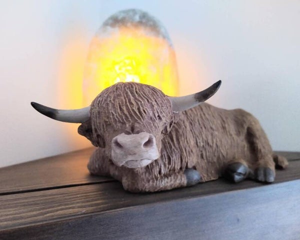Hamish the Highland Cow Shelf Sleeper INDOOR Ornament , Lightweight Hand-Painted Farm Yard Animal Figurine, Birthday Gift