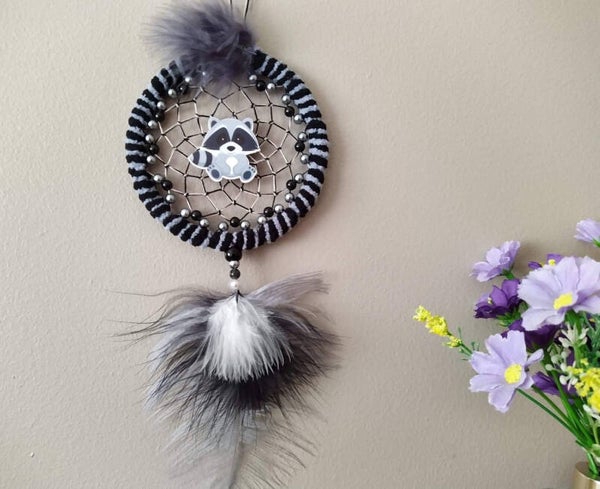 Cute Raccoon Personalised Dreamcatcher, nursery bedroom decor, woodland dream catcher wall hanging