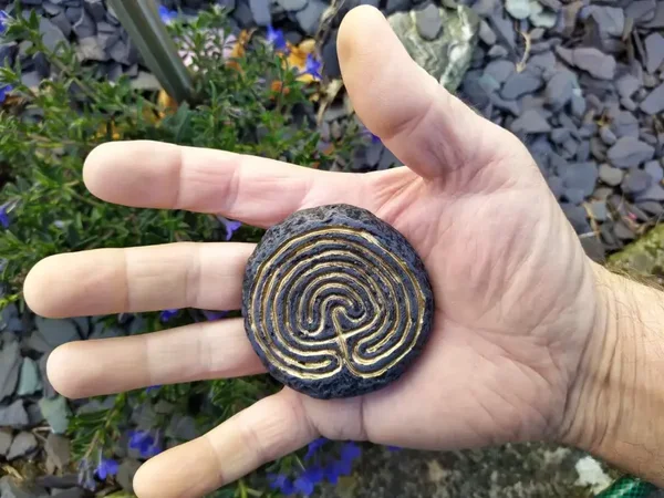 Labyrinth Rocky Valley Maze Pagan / Wiccan Small Symbol Stone, Indoor or Outdoor weatherproof, pocket altar flower pot rocks