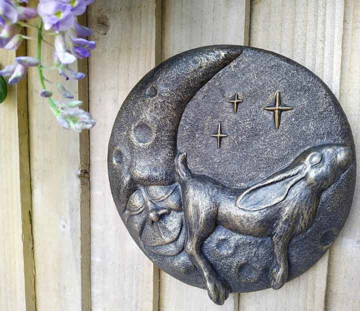 Moon Lazing Hare Garden Wall Hanging Plaque,  Indoor or Outdoor gift for collector