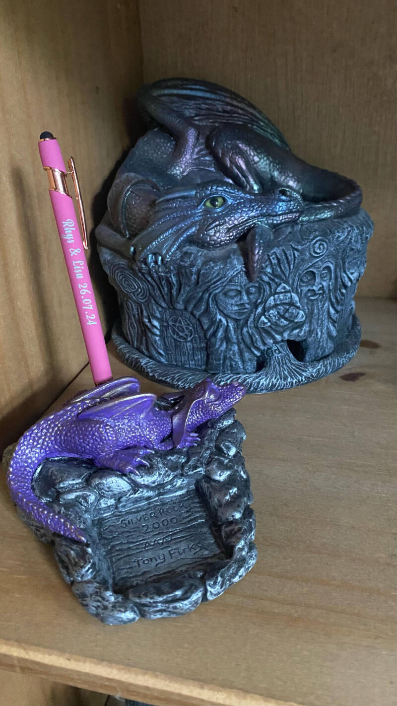 Odin the Smoking Dragon and Ashley the dragon note pad &amp; pen holder