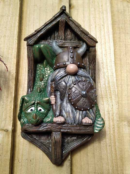 Viking and Dragon Nordic Gnome, Garden or Indoor Gonk Wall Plaque, cute scandi unusual sculpture, quirky wall art gift