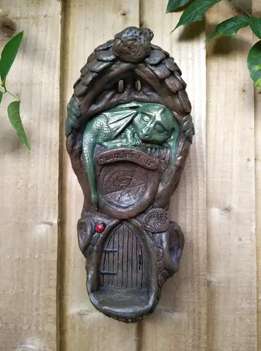 'Snorgle' Garden Cute Green Dragon Wall Plaque, Hanging ornament with Fairy Door & LED T Light, gift for dragon collector