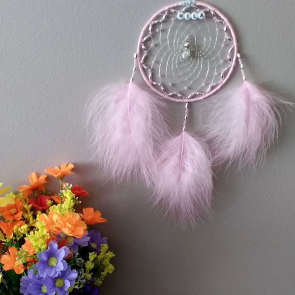 Pale Baby Pink Guardian Angel Personalised Dreamcatcher, christening, birthday, newborn Naming Day dream catcher gift, nursery decor