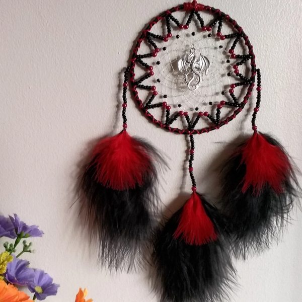 Dragon Dreamcatcher, red green or blue and black dream catcher, dragon wall art, gothic personalised unique gift