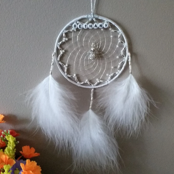 White Guardian Angel Personalised Dreamcatcher, christening, birthday, newborn Naming Day dream catcher gift, nursery decor