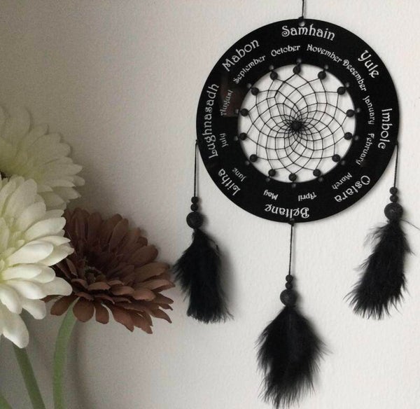 Wheel of the Year Dreamcatcher, Pagan home wall decor, Goth decoration, Wiccan wall hanging