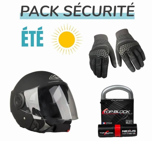 pack sécurité été scooter, moto, casque, gants, antivol SRA