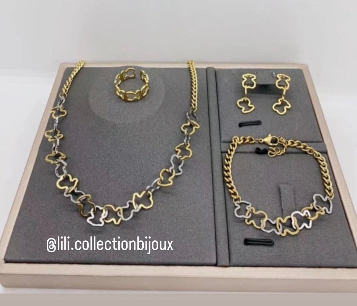 Ensemble - Collier, bracelet, bague et boucles charme TOUS