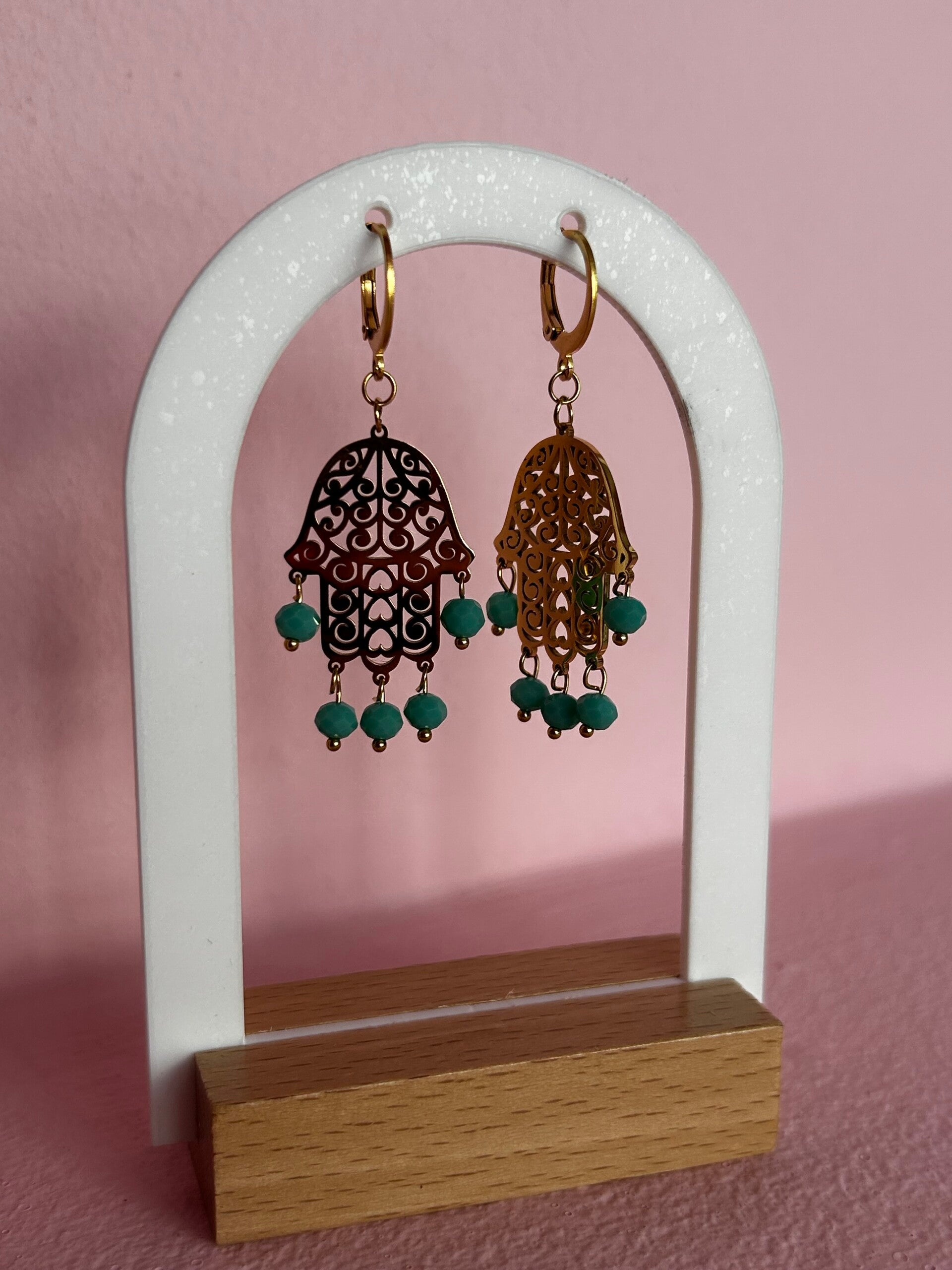 Boucles main de Fatma pendentifs verts
