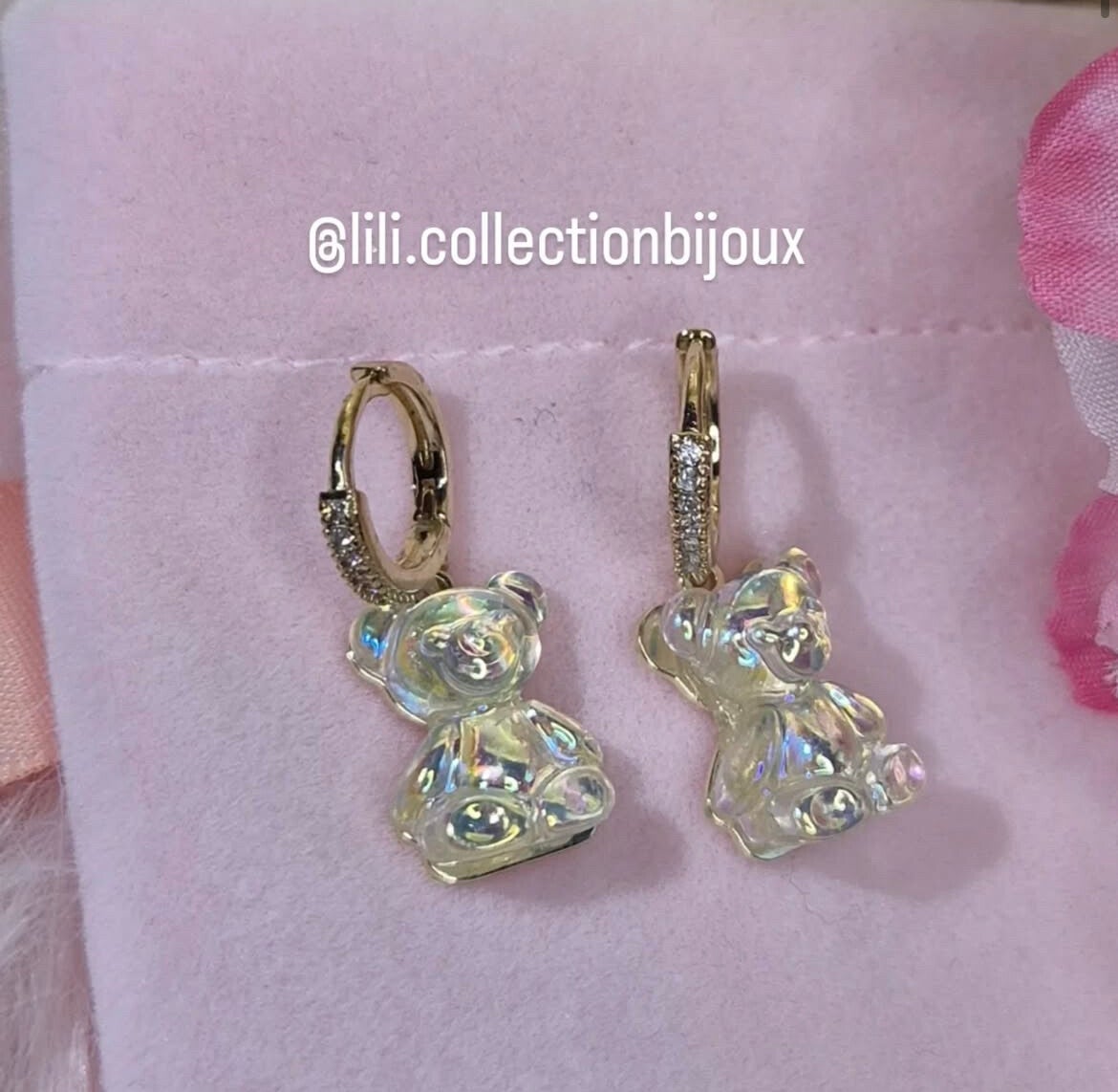 Boucles asymétriques et géométriques gibear en acrylique ours arc-en-ciel