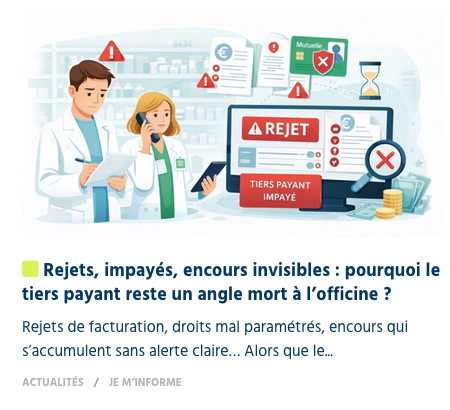 Illustration : une pharmacienne devant un écran affichant un rejet de facturation, entourée de documents et d'alertes