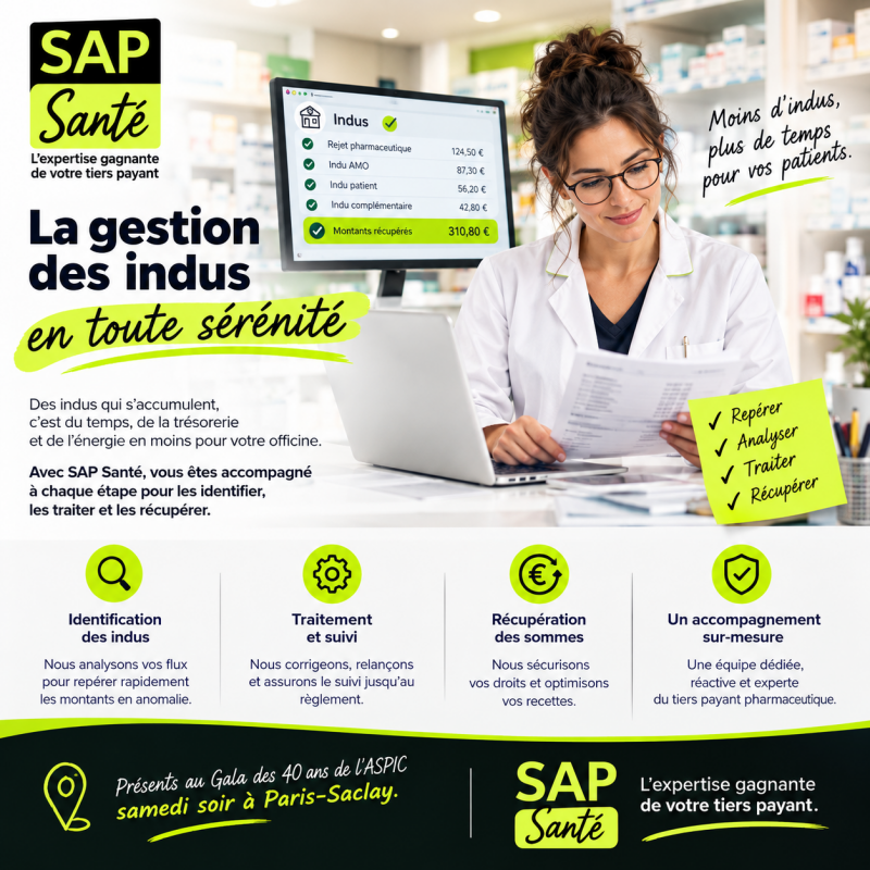 Visuel SAP Santé « La gestion des indus en toute sérénité » : une pharmacienne vérifie un relevé devant un écran listant indus AMO, patient et complémentaire récupérés ; étapes repérer, analyser, traiter, récupérer