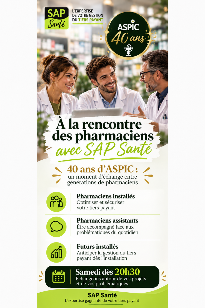 Affiche « À la rencontre des pharmaciens avec SAP Santé » pour les 40 ans de l'ASPIC : trois pharmaciens souriants en blouse, rendez-vous le samedi à partir de 20h30