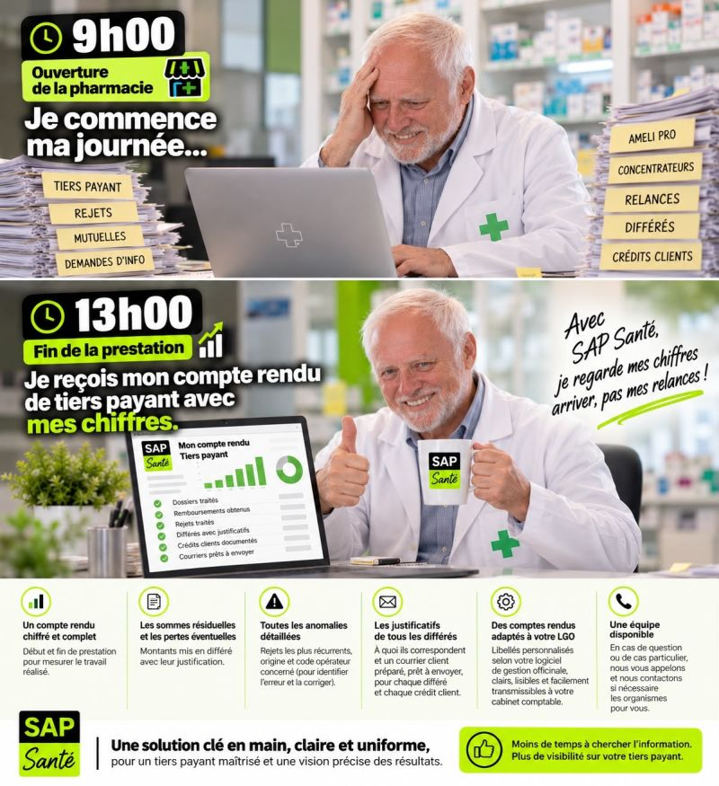 9h00 j'ouvre ma pharmacie, 13h00 je reçois mon compte rendu de tiers payant SAP Santé