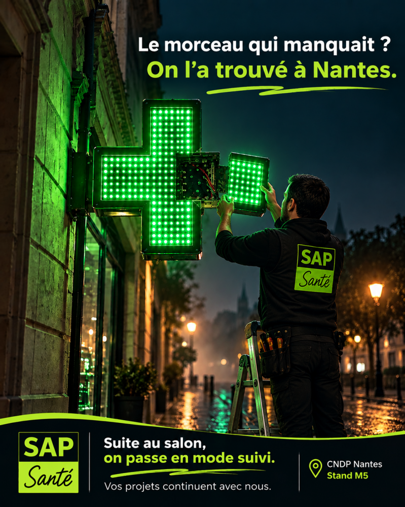 Visuel SAP Santé « Le morceau qui manquait ? On l'a trouvé à Nantes » : une personne en tenue SAP Santé, sur un escabeau, remet en place la dernière pièce d'une croix de pharmacie verte lumineuse — CNDP Nantes, stand M5