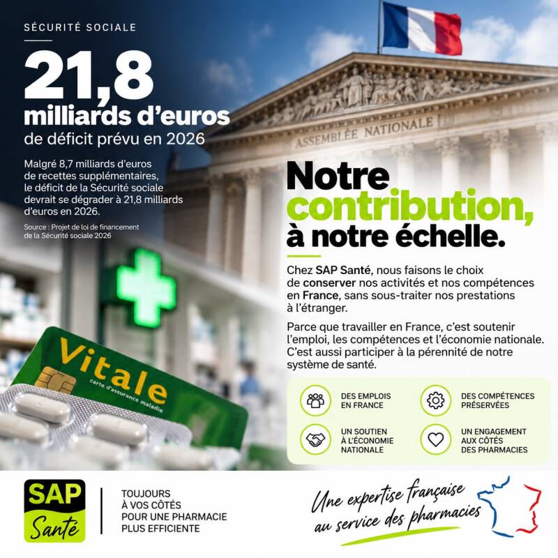 Déficit de la Sécurité sociale de 21,8 milliards d'euros en 2026 : SAP Santé, gestion du tiers payant des pharmacies 100 % française