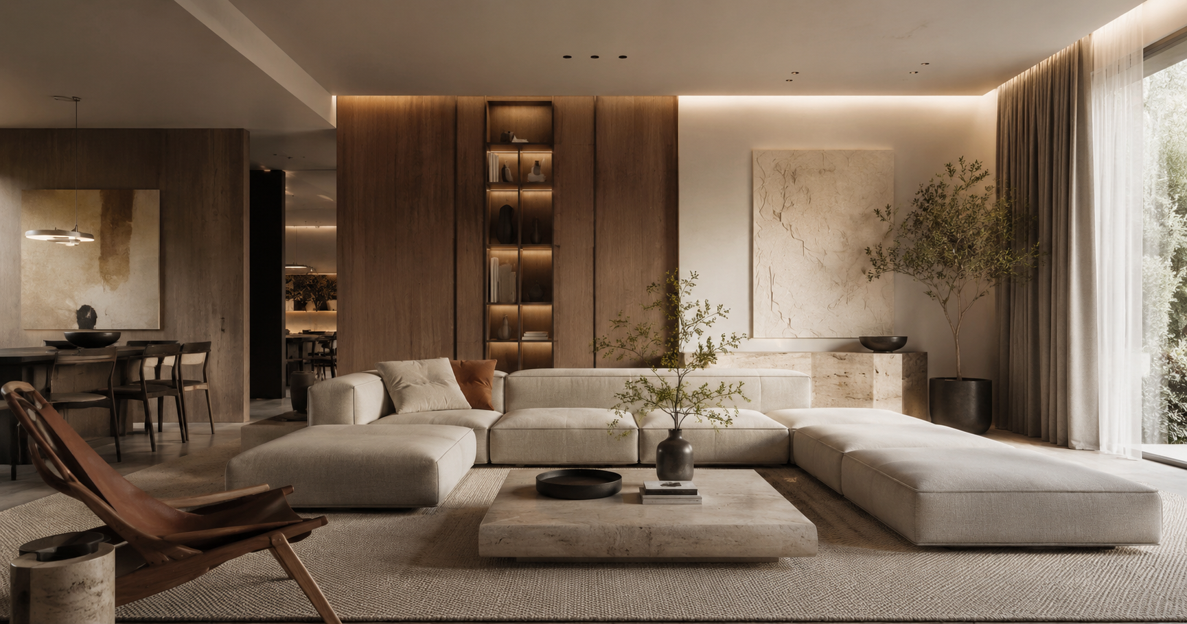 Soggiorno open space a Lucera con parete divisoria in legno e resina, render fotorealistico pre-cantiere di GSdezigne.