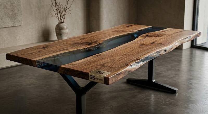 Tavolo artigianale in legno massello di noce con inserto centrale in resina epossidica trasparente e base geometrica in metallo, firmato GS DEZIGNE.