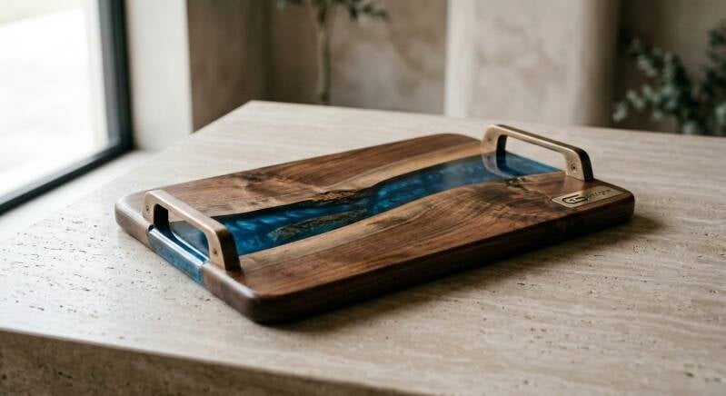 Complemento d'arredo coordinato: vassoio artigianale in legno e resina epossidica con maniglie di design.