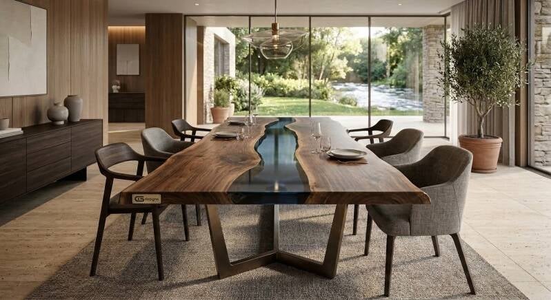 Soluzione d'arredo di alta gamma per sala da pranzo, che unisce la naturalezza del legno e della resina a un design contemporaneo.